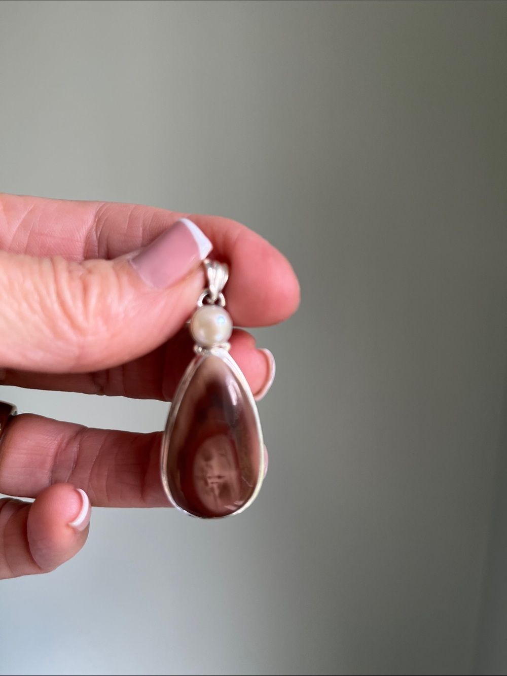 Sterling Silver Brown Teardrop Agate Pendant with Pearl Accent